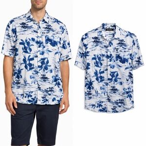 Mix & NY Mens Hawaiian Shirt Large Blue White Tropical Island Floral Rayon L